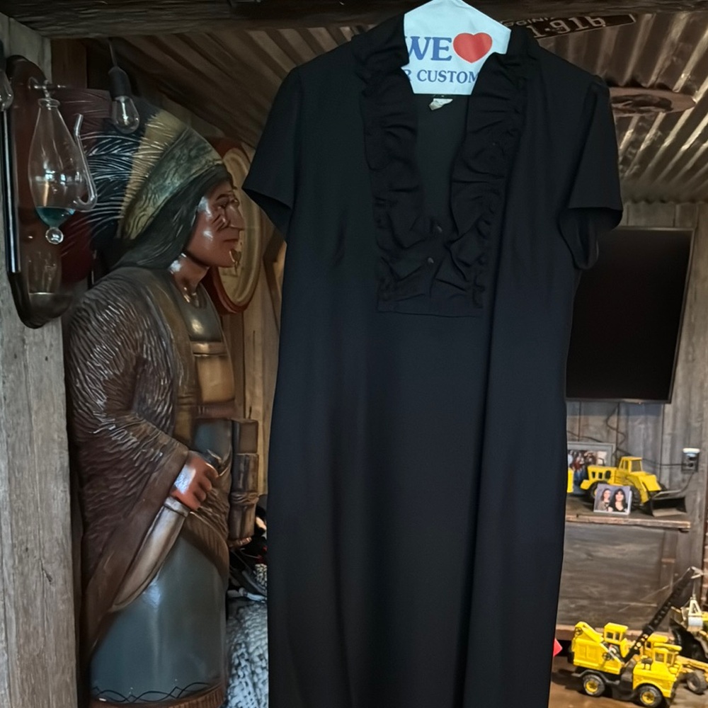 J. Crew Elegant Black Midi Dress with Ruffle Neckline